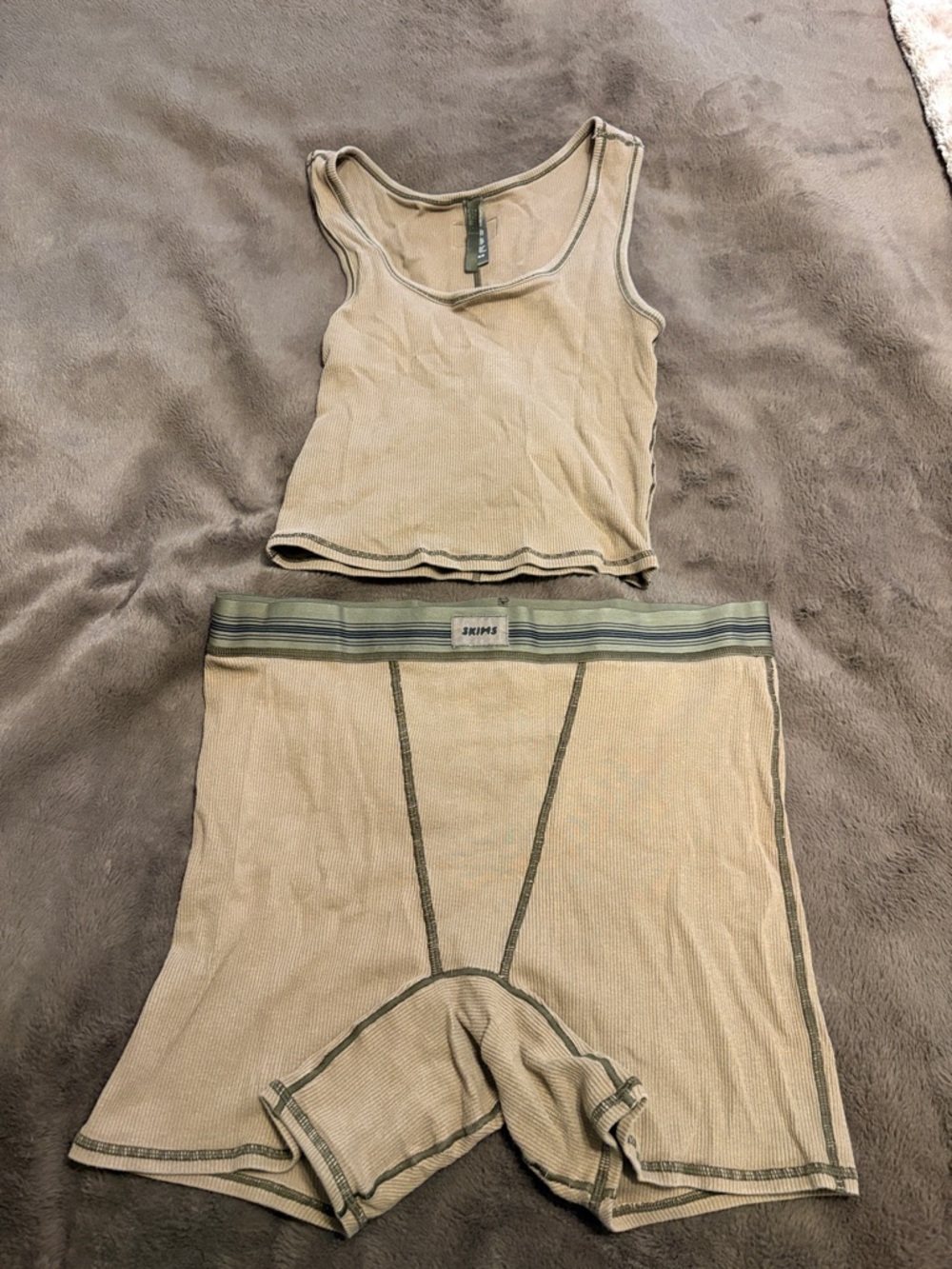 SKIMS Olive Green Tank and Boxer Set with Olive Trim